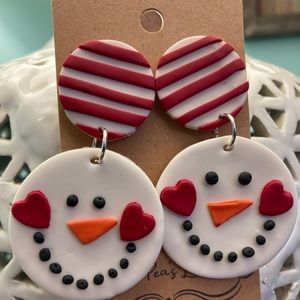 Lightweight Polymer Clay Snowman Earrings with heart cheeks and striped studs